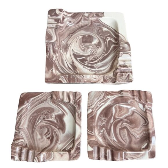 Vintage Mocha Swirl Ceramic Ashtray Set - Brown & Cream - Crazing - 1960s Style - Picture 1 of 11